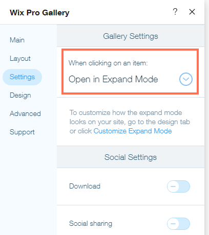 Screenshot showing where to find the When clicking on an item drop-down in the Settings panel.