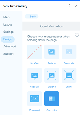 Screenshot of Animation Effects available in the Design tab of the Gallery Settings.