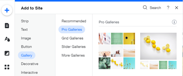 Screenshot showing the Pro Gallery templates in the Add panel of the Editor.