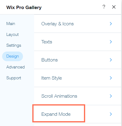 Screenshot showing where to find the Expand Mode tab in the Design tab of the Pro Gallery.