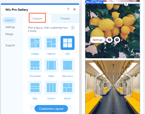 A screenshot of the pro gallery layout panel with the Custom tab highlighted.
