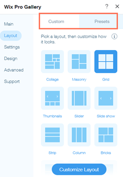 טאב ה-Layout כשהכרטיסיות Custom ו-Preset מודגשות.