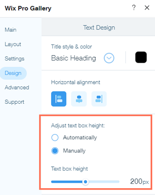 Screenshot showing where to adjust text box height in the Design tab of the Settings panel.