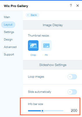 A screenshot of the Layout tab in the Settings panel with the Info bar size option highlighted.