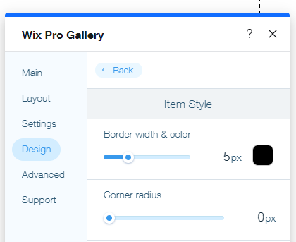 A screenshot of the Design tab in the gallery settings.