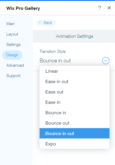 Capture d'écran du panneau Personnaliser les animations avec le menu déroulant Styles de transition visible.