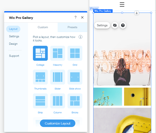 screenshot van Wix Pro Gallery. instellingenpaneel is aangeklikt. Indeling-tabblad weergegeven.