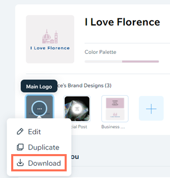 The Brand Studio. A logo has been selected. The Download option is highlighted.