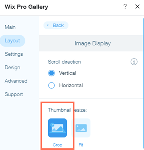 A screenshot of the Crop Thumbnail resize option in the Layout tab of the gallery settings.