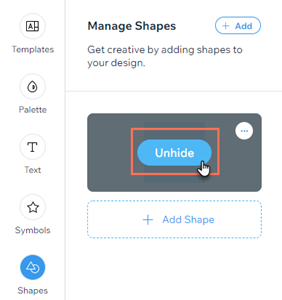 A screenshot of the Unhide option in the Wix Logo maker editor.