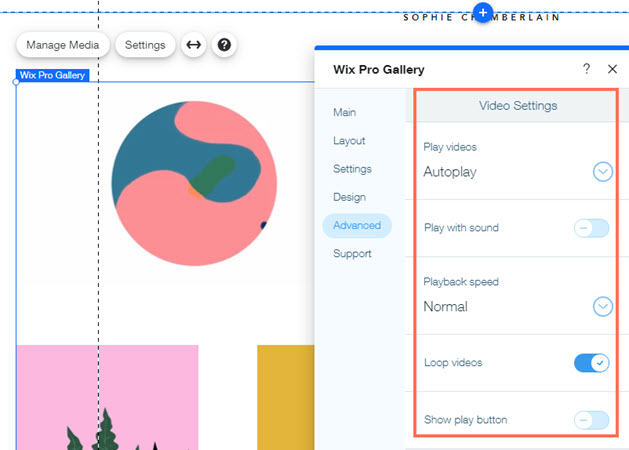 A screenshot of the Wix Pro Gallery Video Settings.