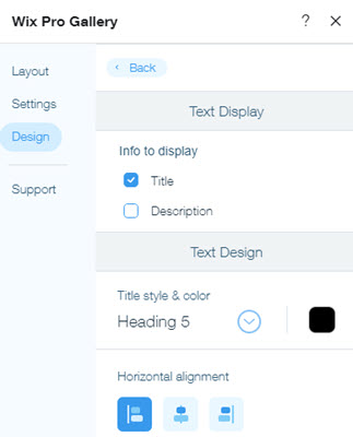 Une capture d'écran des options de personnalisation disponibles pour les Textes dans l'onglet Design.