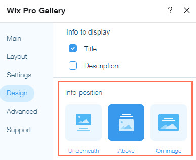 Une capture d'écran des options de position des informations disponibles dans l'onglet Design.