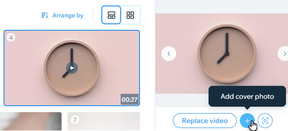 Screen showing the Add cover photo button next to the Replace Video button,