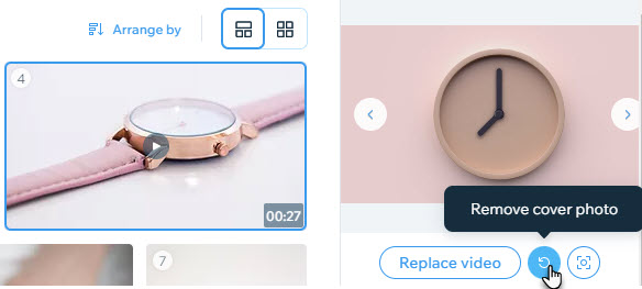 screen showing the Remove cover photo button next to the Replace Video button,
