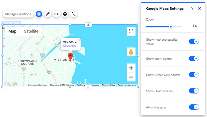 El panel de configuración de un mapa de Google en el Editor.