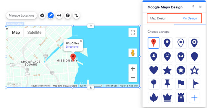 El panel de diseño de Google Maps en el Editor.