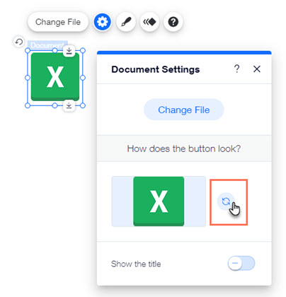 Het instellingenpaneel voor de document-knop. De cursor zweeft over de optie om het pictogram te wijzigen.