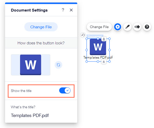 The document button settings panel. The 'Show the title' toggle is highlighted.