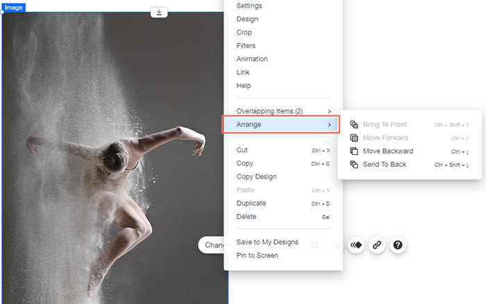 screenshot of an image after being right clicked, arrange option highlights and different arrangement options displayed.