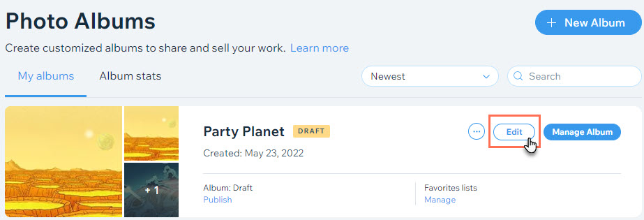 Screenshot of Phot Albums in the dashboard with the Edit button highlighted.