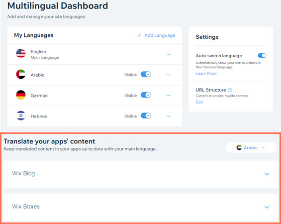 Screenshot der Multilingual-Verwaltung mit