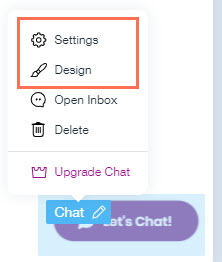 Captura de tela mostrando as opções de Configurações e Design do Wix Chat.