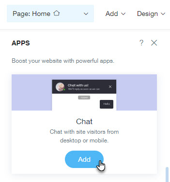 Screenshot met de knop Toevoegen voor Wix Chat in het Apps-paneel.