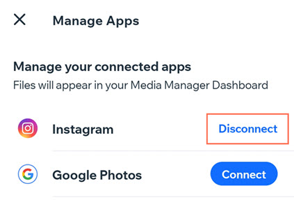 Screenshot of the Manage apps panel with the Disconnect option highlighted.