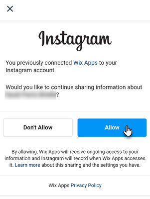 Captura de pantalla del cuadro de diálogo de Instagram que te pide que permitas que las apps de Wix tengan acceso a tu información.