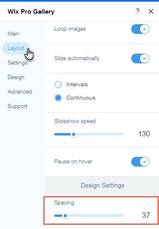 Screenshot of Layout tab with Spacing slider highlighted.