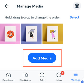 Screenshot of Manage Media tab with Add Media button highlighted.