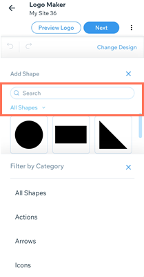 The logo maker in the Wix app. The search field to find and add a shape is highlighted.