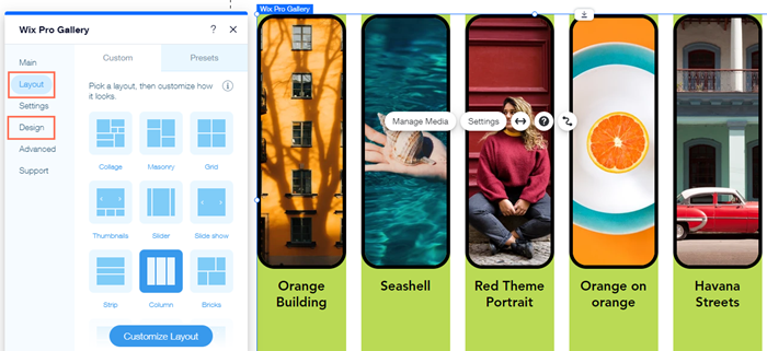 Screenshot showing showing the settings panel with the Layout and Design tabs highlighted next to a Pro Gallery in the Editor