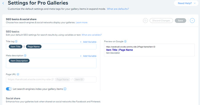 Screenshot showing the SEO settings for the Wix Pro Gallery in the dashboard.