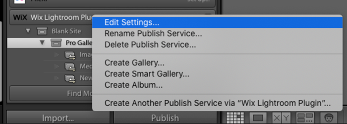 A screenshot of clicking 'Edit Settings' in the Wix Lightroom Plugin.