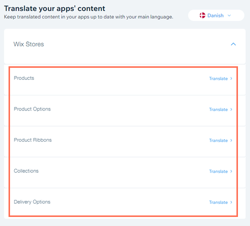 Screenshot des Abschnitts Inhalte deiner Apps übersetzen in der Multilingual-Verwaltung mit den hervorgehobenen Optionen von Wix Stores