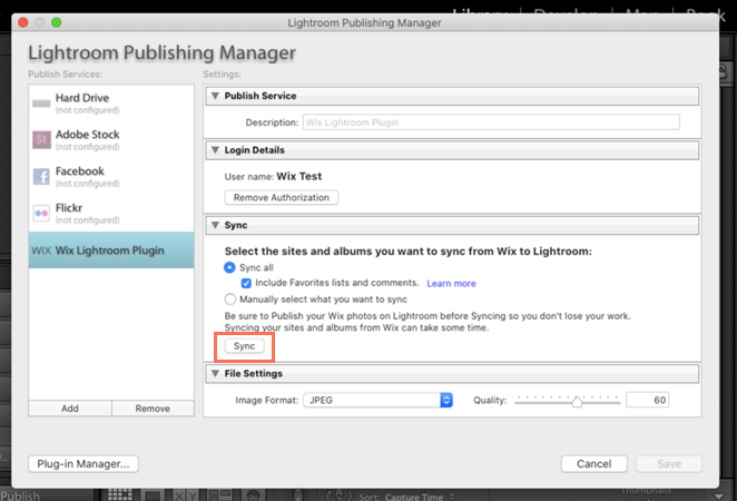 Wix Lightroom 플러그인의 Sync 설정 스크린샷.