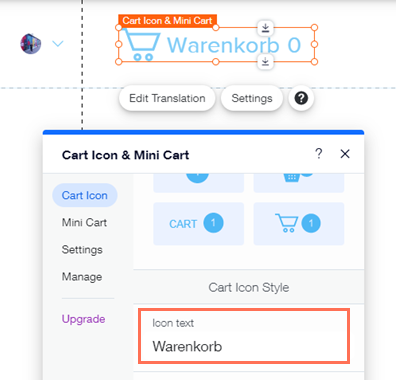 Screenshotof Cart Icon & Mini Cart panel in the Editor with translatable option highlighted.