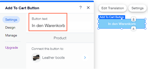 Screenshot of Add To Cart Button panel in the Editor with translatable option highlighted.