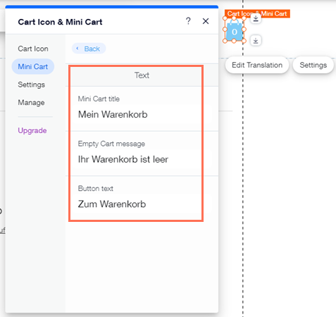 Screenshot of Cart Icon & Mini Cart panel in the Editor with translatable options highlighted.