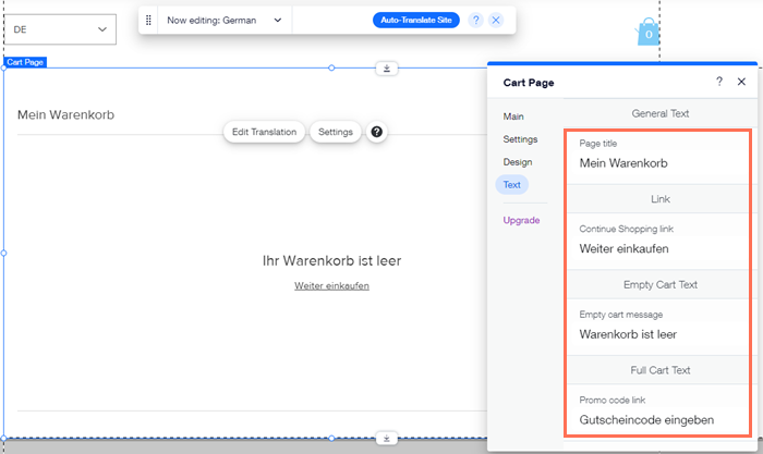 Capture d'écran des options traduisibles dans la page Panier de l'Éditeur.