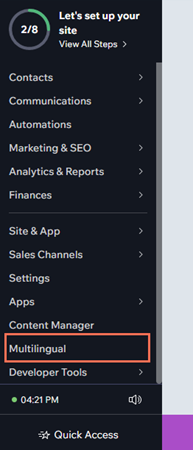 Screenshot of site dashboard with Multilingual option highlighted.