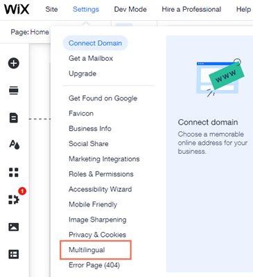 A screenshot of the Settings options in the Wix Editor with the Multilingual option highlighted.