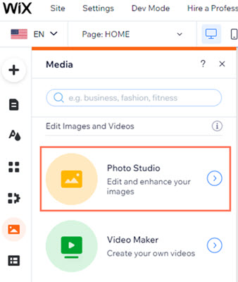 Screenshot of Media panel selected from left navigation bar in the Editor. Photo Studio option highlighted.