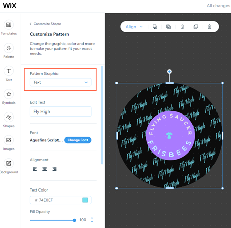 A screenshot showing the customization options for patterns with text.