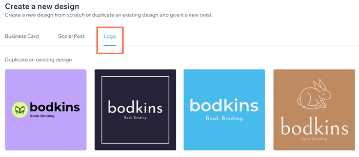 A screenshot of the Create a new design page with the Logo option highlighted