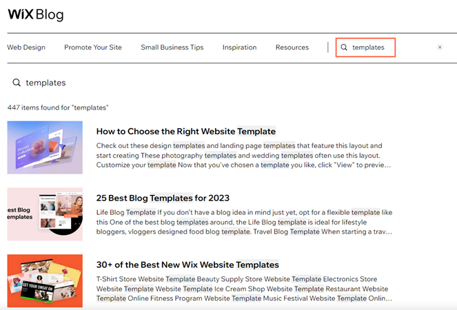 A screenshot of the Wix blog with the search field highlighted.