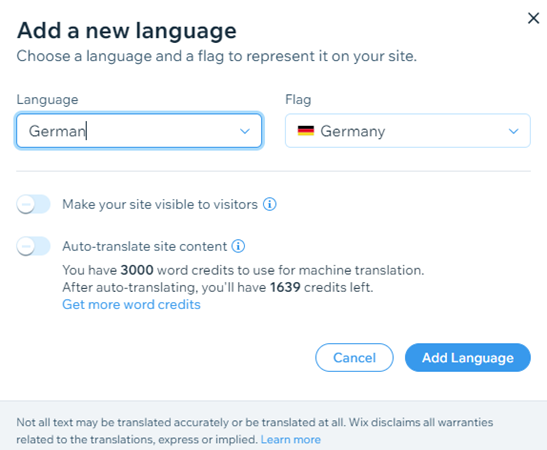 Screenshot der Optionen „Neue Sprache hinzufügen“ in der Multilingual-Verwaltung