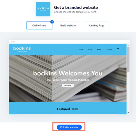 The branded site page in Wix. A website template has been selected. The Edit this website button is highlighted.